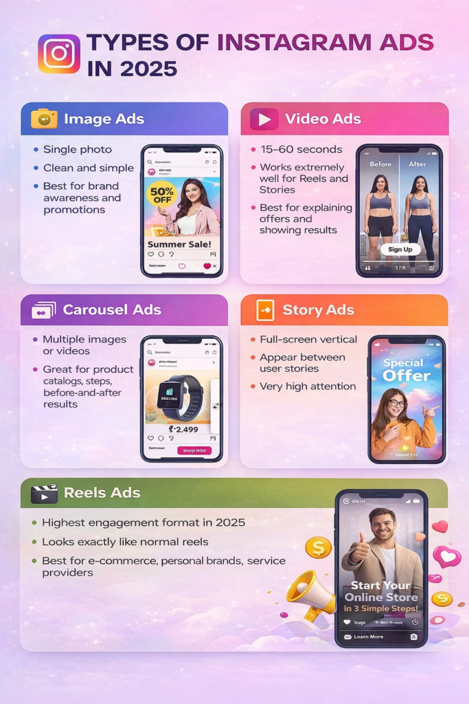 Colorful infographic titled “Types of Instagram Ads in 2025” displaying five ad formats with icons and smartphone mockups: Image Ads (single photo, clean and simple, best for brand awareness), Video Ads (15–60 seconds, effective for Reels and Stories, ideal for explaining offers), Carousel Ads (multiple images or videos for product catalogs and before-after results), Story Ads (full-screen vertical ads appearing between stories with high attention), and Reels Ads (highest engagement format in 2025, looks like normal reels, best for e-commerce and personal brands).