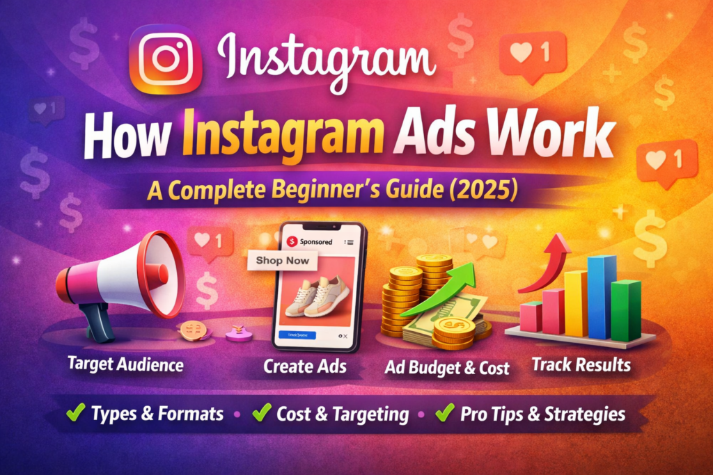 Instagram advertising explained visually with sponsored post, budget icons, and results tracking