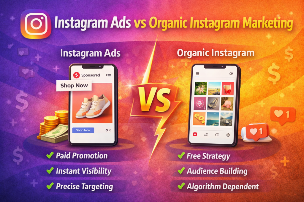 Visual comparison of Instagram Ads and organic Instagram strategy with sponsored posts and organic content feed