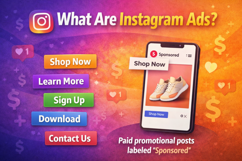 A colorful gradient banner titled “What Are Instagram Ads?” showing the Instagram logo, a smartphone displaying a sponsored shoe post with a “Shop Now” button, floating heart and dollar icons, and five call-to-action buttons on the left — Shop Now, Learn More, Sign Up, Download, and Contact Us — with the caption “Paid promotional posts labeled ‘Sponsored’.”