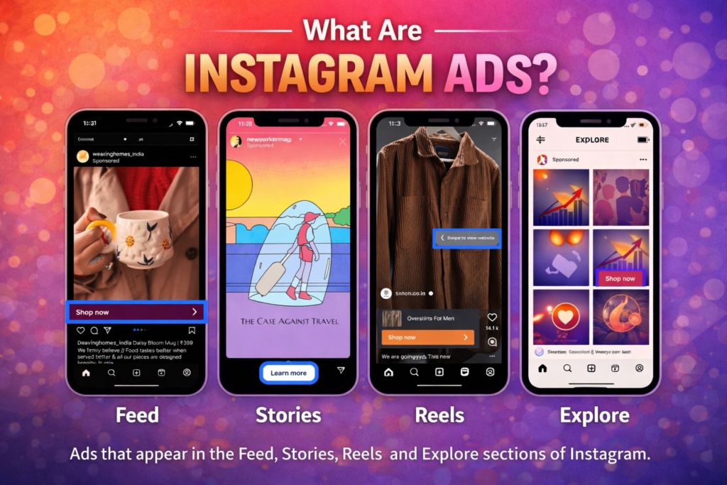 “Feature image with the heading ‘What Are Instagram Ads?’ showing four smartphones side-by-side labeled Feed, Stories, Reels, and Explore, each displaying a different Instagram sponsored ad format with call-to-action buttons like ‘Shop now’ and ‘Learn more,’ illustrating how ads appear across all main sections of Instagram.”