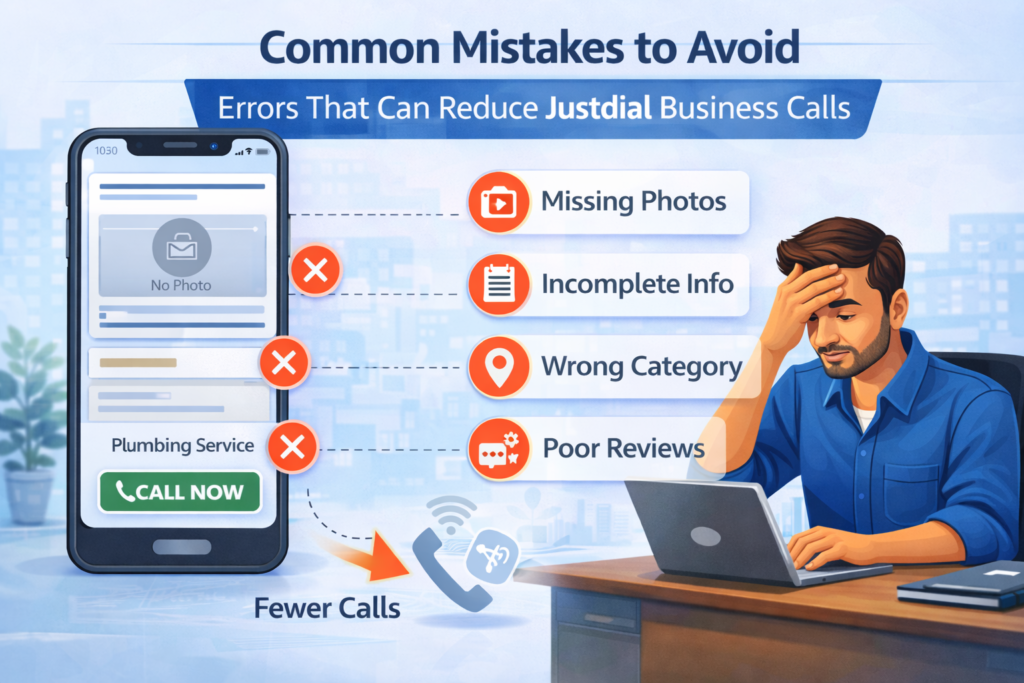 common mistakes that reduce justdial business calls, such as missing photos, incomplete information, wrong category and poor reviews, are shown in an infographic