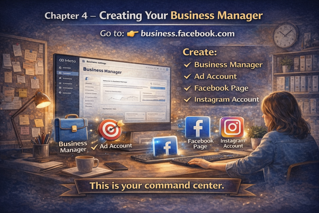 A featured image for Chapter 4 showing a small business owner working at a desk with a large screen displaying Facebook Business Manager, surrounded by icons for Business Manager, Ad Account, Facebook Page, and Instagram Account, with the text “Go to business.facebook.com – This is your command center,” representing the setup process.