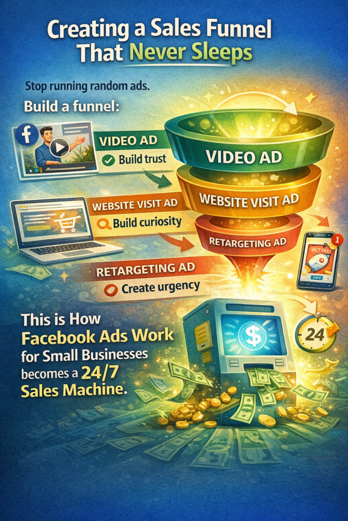Illustration of a 3-step Facebook Ads sales funnel for small businesses showing a glowing funnel with stages “Video Ad – Build trust,” “Website Visit Ad – Build curiosity,” and “Retargeting Ad – Create urgency,” ending in a 24/7 cash-dispensing sales machine with money, clock, laptop, and smartphone icons representing nonstop conversions.