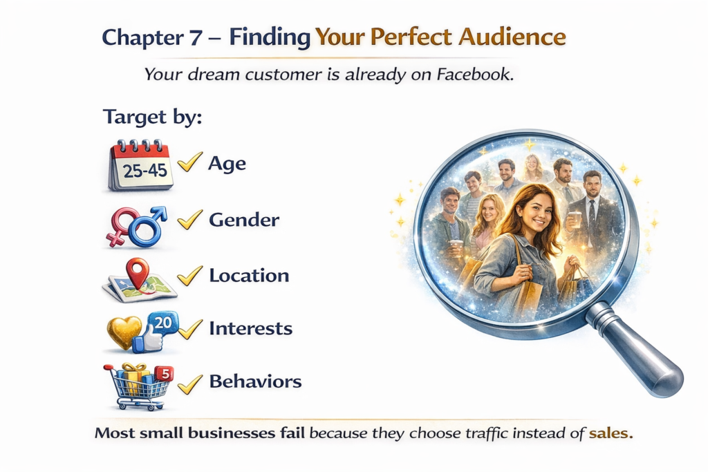 A featured image for Chapter 7 with a white background showing a list of five audience targeting criteria: Age, Gender, Location, Interests, and Behaviors, each paired with colorful icons. A magnifying glass highlights a diverse group of smiling people, representing the perfect audience on Facebook, with text emphasizing, “Your dream customer is already on Facebook.”