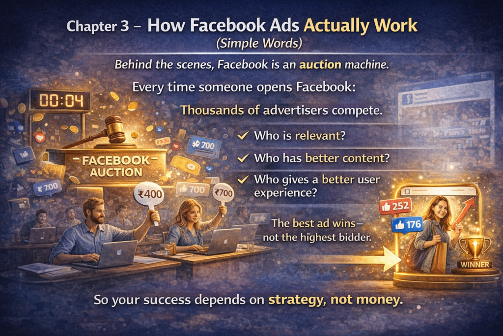 An educational featured image for Chapter 3 showing how Facebook Ads work like an auction, with small business advertisers raising bid cards, a “Facebook Auction” podium, checkmarks for relevance, better content, and user experience, and a winning ad highlighted with a trophy, explaining that strategy—not money—wins the best ad placement.