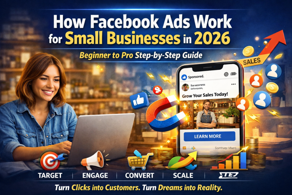 A featured image showing a smiling small business owner working on a laptop in a café-style shop while a large smartphone screen displays a Facebook sponsored ad with the text “Grow Your Sales Today.” The design includes icons for targeting, engagement, conversion, and scaling, along with rising sales arrows and social media symbols, representing how Facebook Ads work for small businesses in 2026.