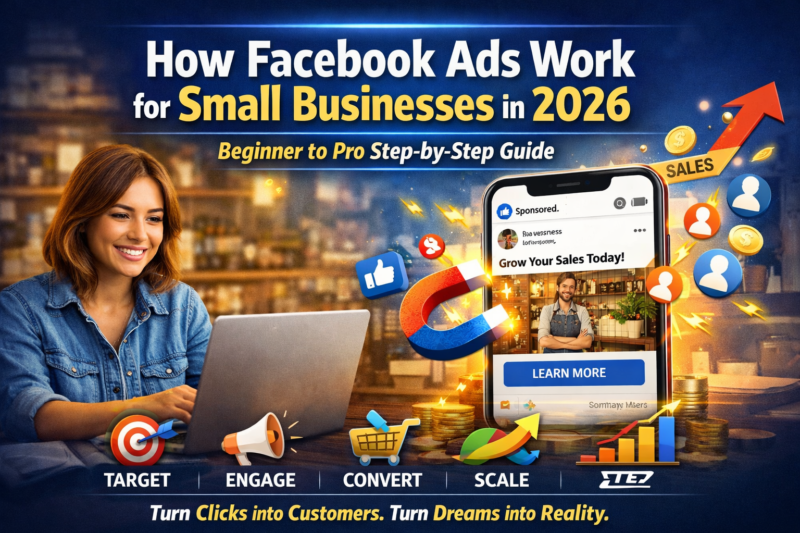 A featured image showing a smiling small business owner working on a laptop in a café-style shop while a large smartphone screen displays a Facebook sponsored ad with the text “Grow Your Sales Today.” The design includes icons for targeting, engagement, conversion, and scaling, along with rising sales arrows and social media symbols, representing how Facebook Ads work for small businesses in 2026.