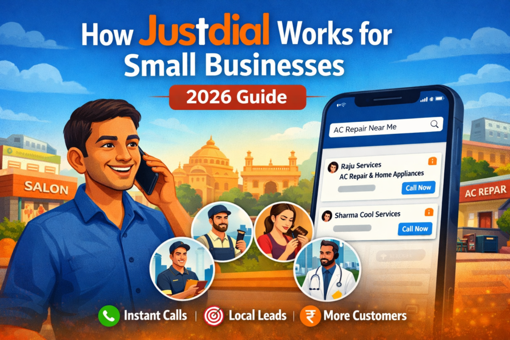 How Justdial works for small businesses in India in 2026 showing an Indian business owner receiving customer calls from the Justdial app for local services like AC repair, salon, clinic and coaching.