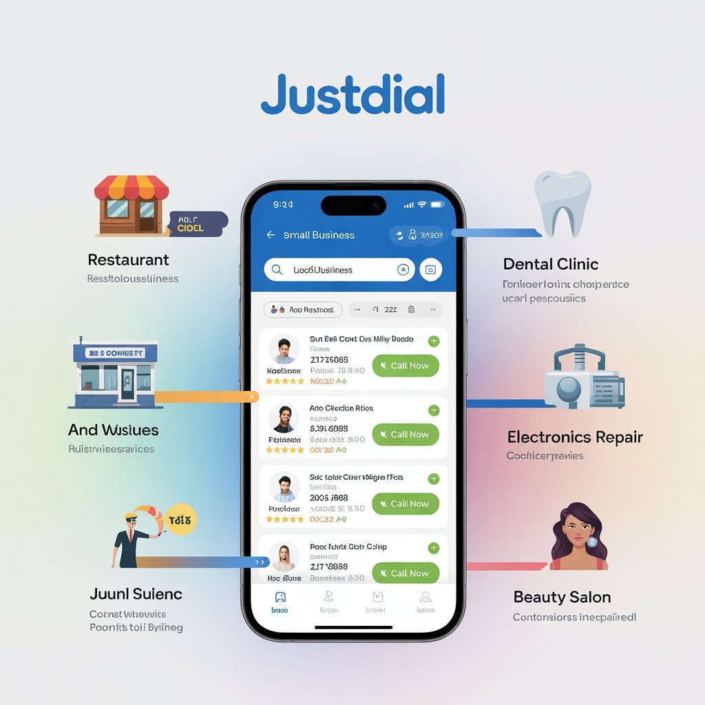 How Justdial works for small businesses in India, showing local service search results on the Justdial app with call now buttons for restaurants, dental clinics, electronics repair, coaching, and beauty salons in 2026.