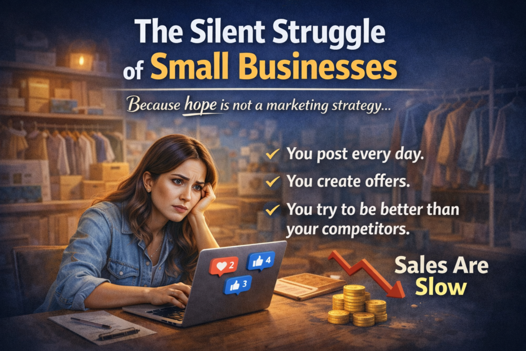 A worried small business owner sitting in her shop late at night, looking at a laptop with very low likes and engagement icons on the screen, while a red downward sales graph and stacked coins show falling revenue, representing the silent struggle of small businesses.