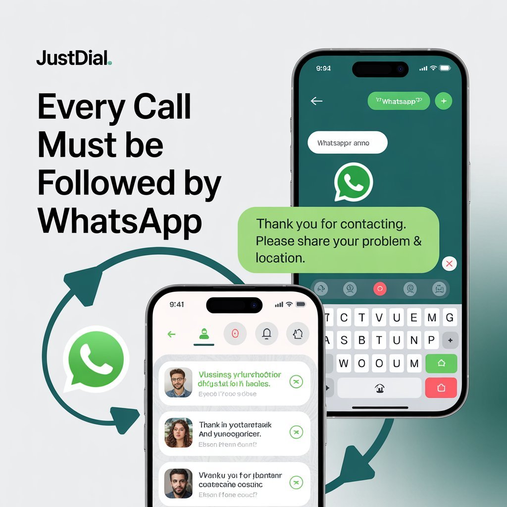 Using WhatsApp to follow up after Justdial calls to convert local service leads into customers showing thank you messages and problem and location requests in 2026.