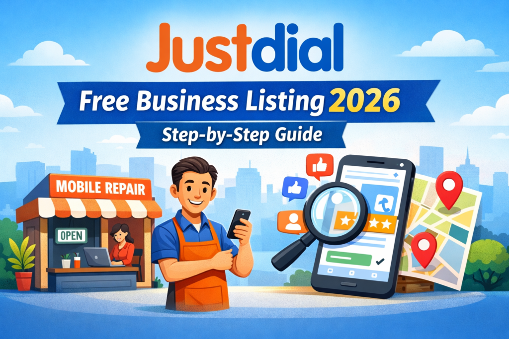 Justdial free business listing guide for small businesses 2026 showing a mobile repair shop owner using a smartphone, the Justdial logo, a business listing screen, map location pins, and the “Free Business Listing 2026 – Step-by-Step Guide” banner.
