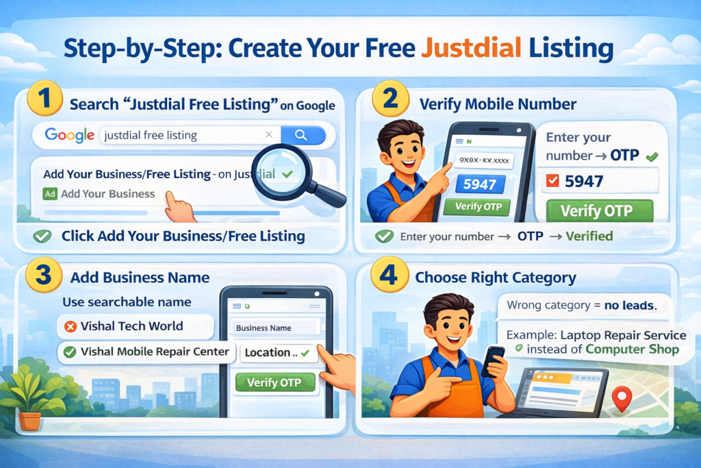 Step-by-step infographic showing how to create a Justdial free business listing: Step 1 – Search “Justdial Free Listing” on Google. Step 2 – Verify mobile number via OTP, Step 3 – Add searchable business name, Step 4 – Choose the correct category for maximum leads. The illustration includes a small business owner using a smartphone, a computer screen with the Justdial interface, and visual checkmarks for verification.