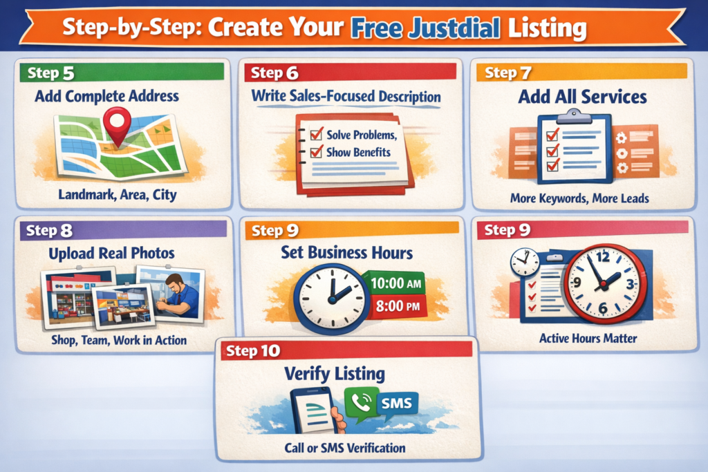 Infographic showing Steps 5 to 10 for creating a Justdial Free Business Listing: adding a complete address with landmark, area, and city; writing a sales-focused description; adding all services for keyword visibility; uploading real photos of the shop, team, and work; setting business hours; and verifying the listing via call or SMS. Each step is illustrated with clear icons and visuals.