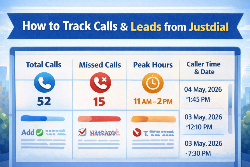 Digital dashboard illustration showing call and lead tracking for a Justdial free business listing. Includes total calls, missed calls, peak hours, and caller time & date in a clean table format with colorful icons, designed for small business blog guidance.