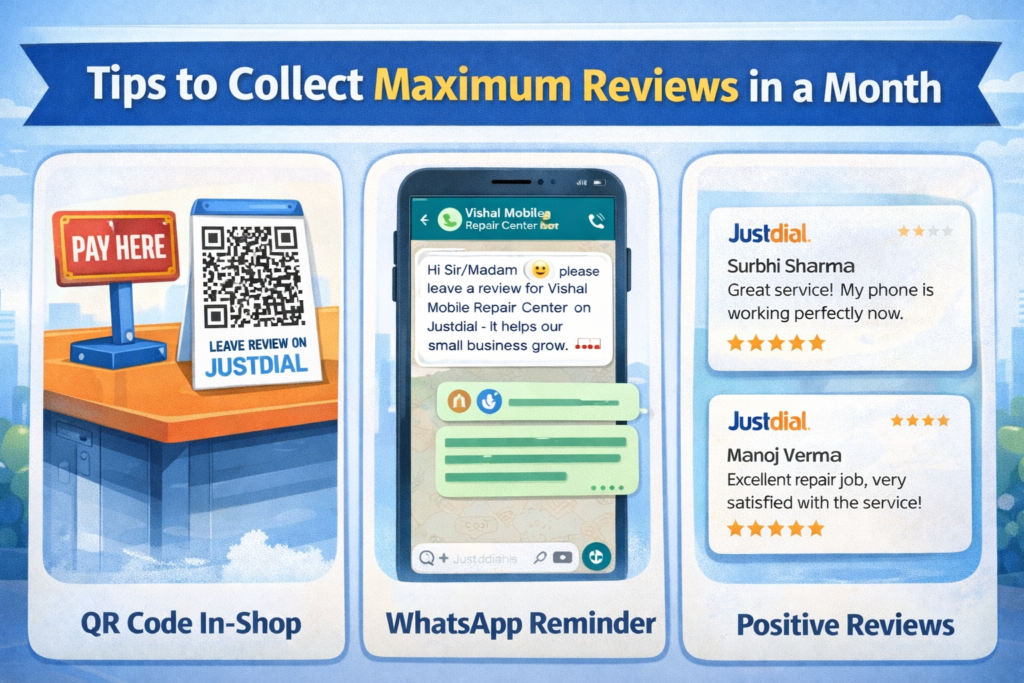Illustration showing a reviews strategy for Justdial Free Business Listing, including three methods: QR code in-shop for review collection, WhatsApp reminder message to customers, and screenshots of positive customer reviews, designed for small business guidance.