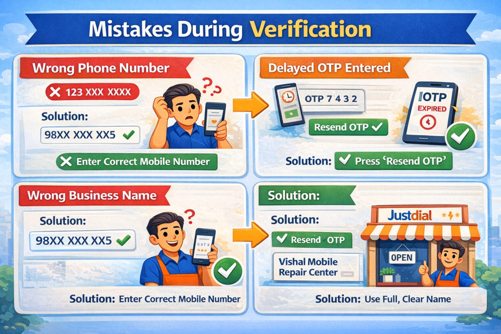 Infographic showing common mistakes during Justdial verification and their solutions, including wrong phone number, delayed OTP, wrong business name, and steps to correct them. Illustrations include a small business owner, smartphone screens, and a Justdial shop front, designed for small business guidance.