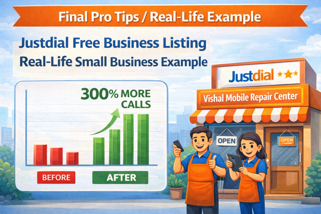 Illustration showing a real-life small business example of Justdial free business listing success, featuring a before-and-after call volume chart with 300% growth and a mobile repair shop team receiving more customer calls.