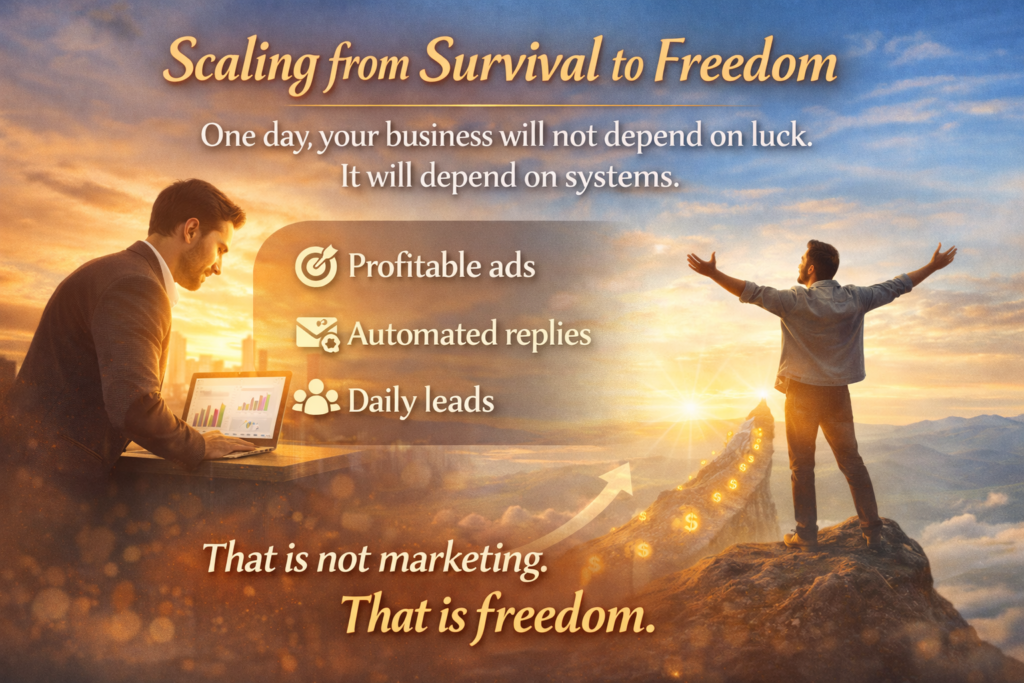 “Featured image showing the transformation of a small business owner from survival to freedom. On the left, an entrepreneur works late at night, stressed and focused on a laptop with basic metrics. On the right, the same person stands confidently on a mountain at sunrise, arms open in freedom. Text highlights systems-driven growth with profitable ads, automated replies, and daily leads, ending with the message: ‘That is not marketing. That is freedom.’”