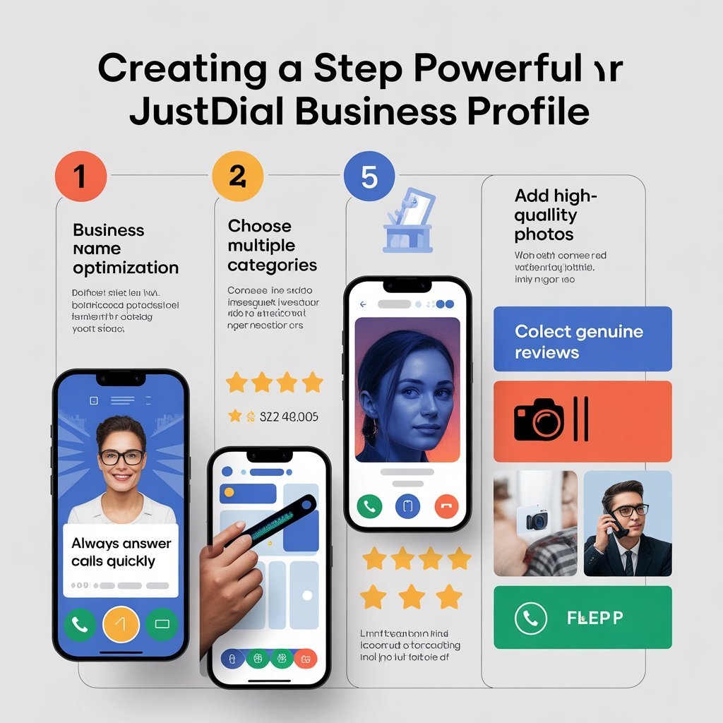Step-by-step process to create a powerful Justdial business profile in India showing business name optimization, choosing multiple categories, adding high-quality photos, collecting genuine customer reviews, and answering calls quickly for better lead generation.