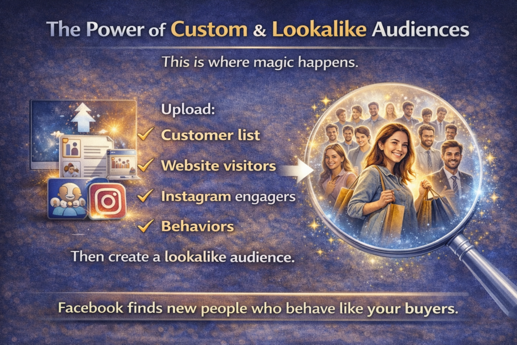 A featured image for “The Power of Custom & Lookalike Audiences” showing a small business owner uploading a customer list, website visitors, and Instagram engagers into a glowing Facebook Ads dashboard. A magnifying glass highlights a larger group of new potential customers forming a lookalike audience, with text explaining that Facebook finds people who behave like your buyers, helping brands scale from ₹1,000/day to ₹100,000/day.