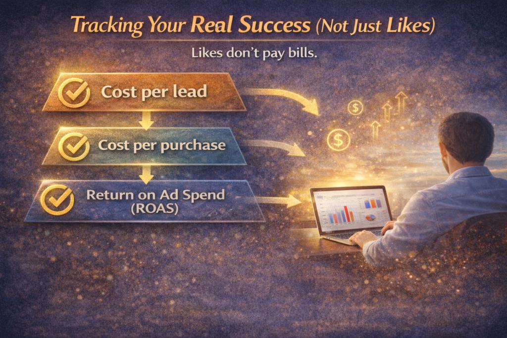 “Infographic showing how to track real Facebook ad success with key metrics like cost per lead, cost per purchase, and return on ad spend, illustrated with a marketer analyzing performance data on a laptop.”