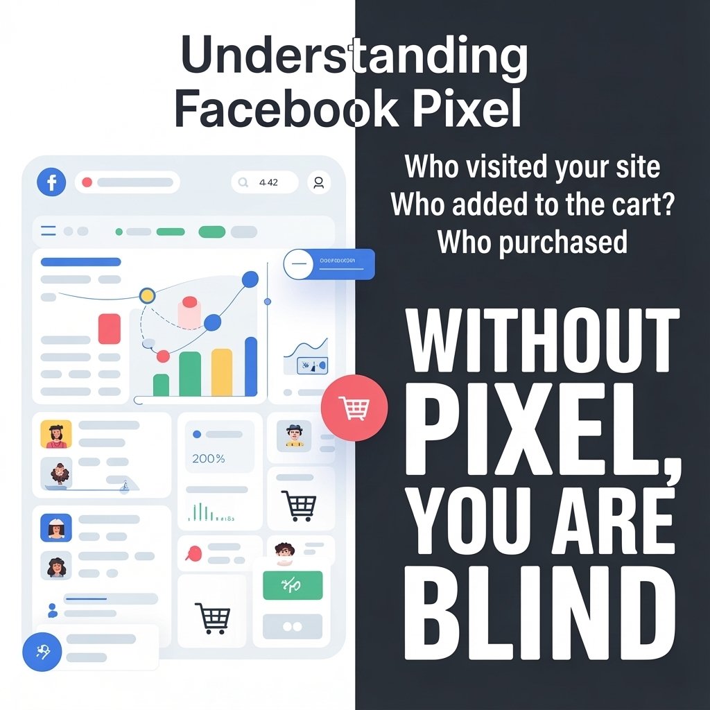 An educational featured image explaining Facebook Pixel, showing a website dashboard with charts, user icons, shopping cart symbols, and tracking paths, alongside bold text reading “Understanding Facebook Pixel” and “Without Pixel, You Are Blind,” highlighting how the pixel tracks visitors, add-to-cart actions, and purchases.