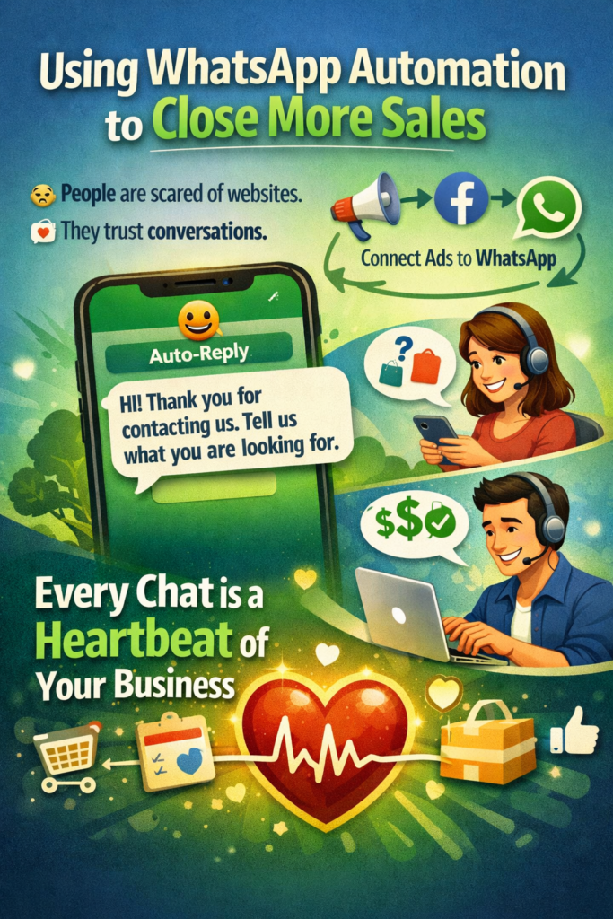 Illustration showing WhatsApp automation for sales: a smartphone with an auto-reply message saying “Hi! Thank you for contacting us. Tell us what you are looking for,” connected from Facebook ads to WhatsApp, with smiling support agents, shopping and money icons, and the text “Using WhatsApp Automation to Close More Sales – Every Chat is a Heartbeat of Your Business.”