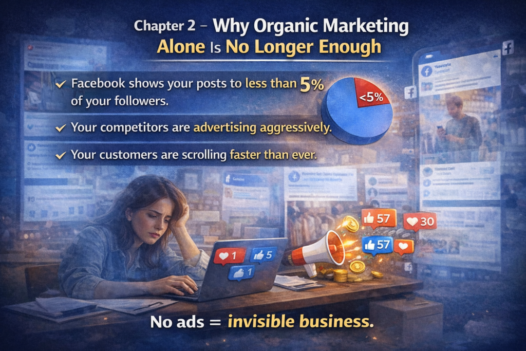 A stressed small business owner sitting at a desk looking at a laptop with very low likes and comments, while a pie chart shows Facebook posts reaching less than 5% of followers, competitors’ ads appear in the background, and bold text reads “No ads = invisible business,” explaining why organic marketing alone is no longer enough in 2026.