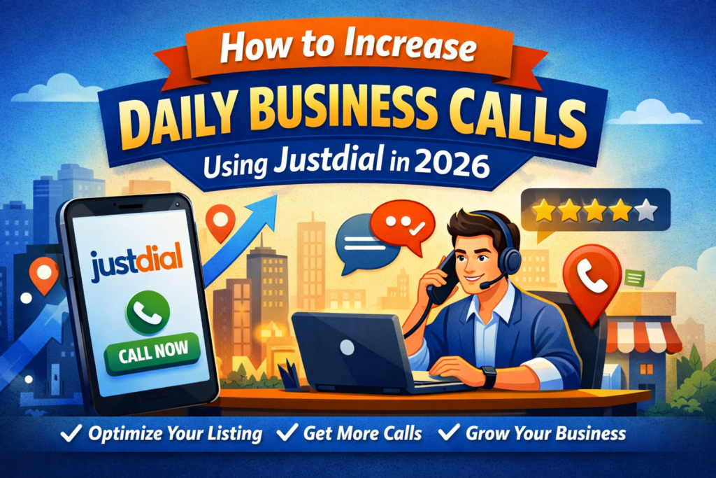 Illustration showing a business owner receiving customer calls through Justdial on a smartphone, with text highlighting how to increase daily business calls using Justdial in 2026.