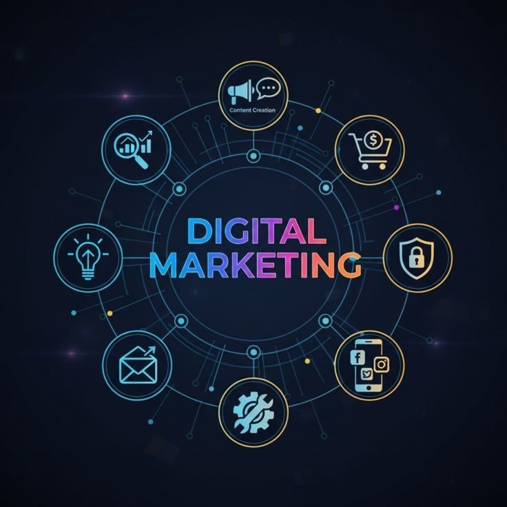 Digital marketing concept graphic showing SEO, content creation, social media, and analytics by Digital Marketer Vishal Kumawat