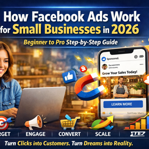 A featured image showing a smiling small business owner working on a laptop in a café-style shop while a large smartphone screen displays a Facebook sponsored ad with the text “Grow Your Sales Today.” The design includes icons for targeting, engagement, conversion, and scaling, along with rising sales arrows and social media symbols, representing how Facebook Ads work for small businesses in 2026.