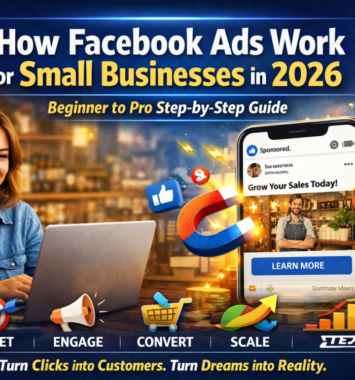 A featured image showing a smiling small business owner working on a laptop in a café-style shop while a large smartphone screen displays a Facebook sponsored ad with the text “Grow Your Sales Today.” The design includes icons for targeting, engagement, conversion, and scaling, along with rising sales arrows and social media symbols, representing how Facebook Ads work for small businesses in 2026.