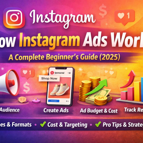 Instagram advertising explained visually with sponsored post, budget icons, and results tracking