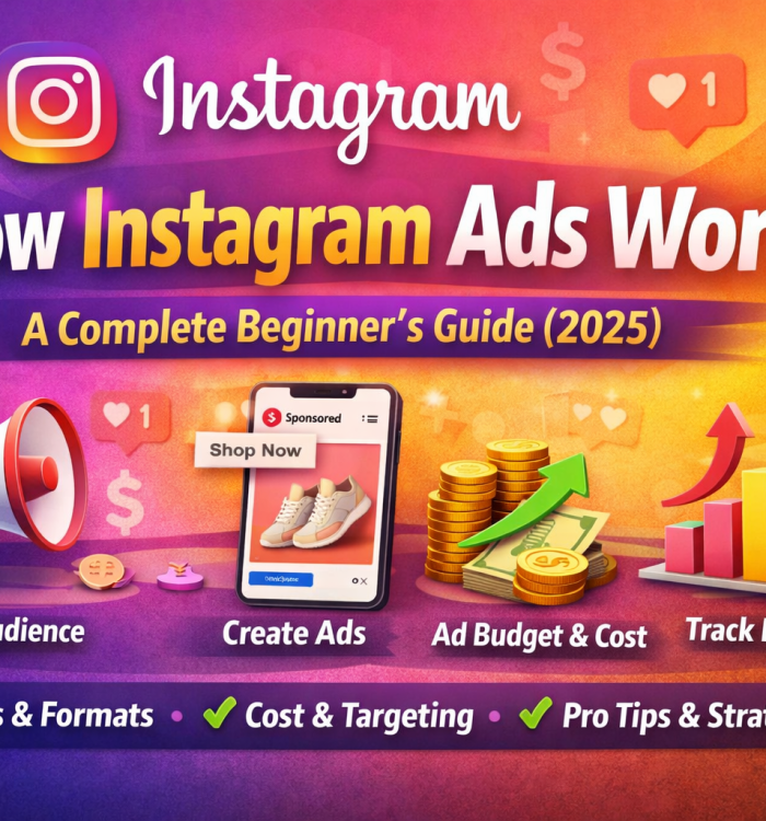 Instagram advertising explained visually with sponsored post, budget icons, and results tracking