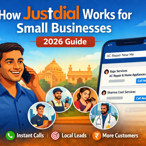How Justdial works for small businesses in India in 2026 showing an Indian business owner receiving customer calls from the Justdial app for local services like AC repair, salon, clinic and coaching.