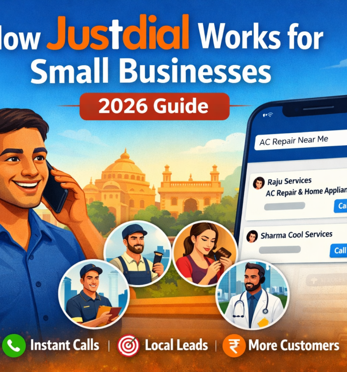 How Justdial works for small businesses in India in 2026 showing an Indian business owner receiving customer calls from the Justdial app for local services like AC repair, salon, clinic and coaching.