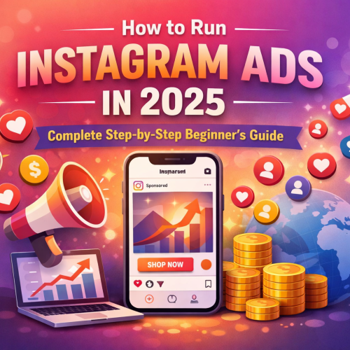 “Colorful feature image showing a smartphone with an Instagram sponsored ad and ‘Shop Now’ button, surrounded by marketing icons like a megaphone, coins, growth chart, target symbol, and social engagement icons, with the text ‘How to Run Instagram Ads in 2025 – Complete Step-by-Step Beginner’s Guide’ in the background.”
