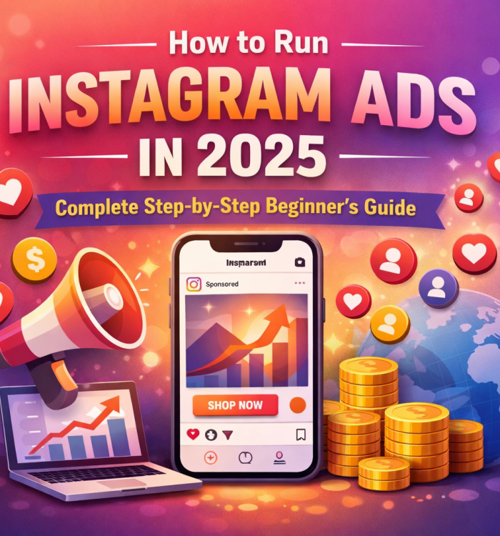 “Colorful feature image showing a smartphone with an Instagram sponsored ad and ‘Shop Now’ button, surrounded by marketing icons like a megaphone, coins, growth chart, target symbol, and social engagement icons, with the text ‘How to Run Instagram Ads in 2025 – Complete Step-by-Step Beginner’s Guide’ in the background.”