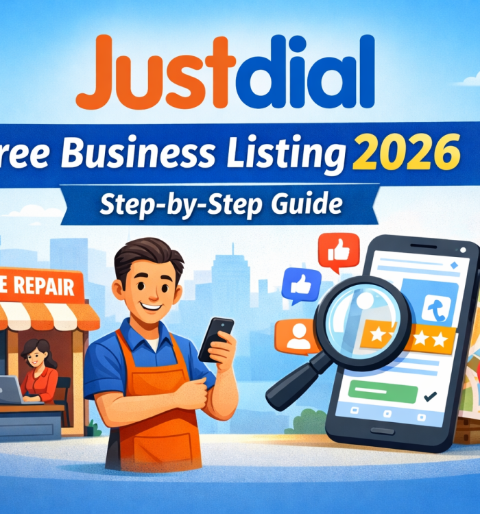 Justdial free business listing guide for small businesses 2026 showing a mobile repair shop owner using a smartphone, the Justdial logo, a business listing screen, map location pins, and the “Free Business Listing 2026 – Step-by-Step Guide” banner.