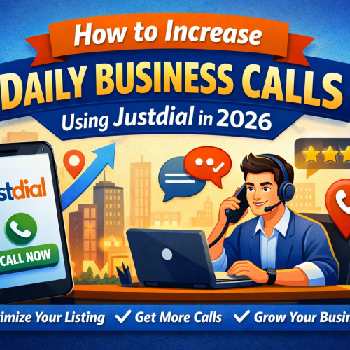Illustration showing a business owner receiving customer calls through Justdial on a smartphone, with text highlighting how to increase daily business calls using Justdial in 2026.