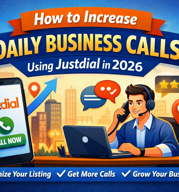 Illustration showing a business owner receiving customer calls through Justdial on a smartphone, with text highlighting how to increase daily business calls using Justdial in 2026.
